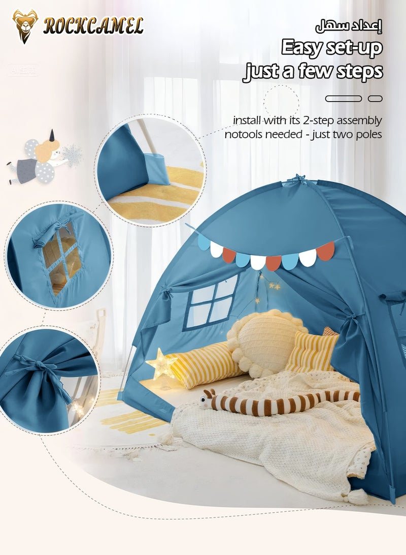 ROCKCAMEL Kids Play Tent, Large Indoor Play House Tent with Lights & Flags, Princess Castle Tent for Girls Boys, Children Play Castle for Reading, Fort, Bedroom & Camping, Birthday Holiday Gift (194×98×120cm, Blue） - Image 4